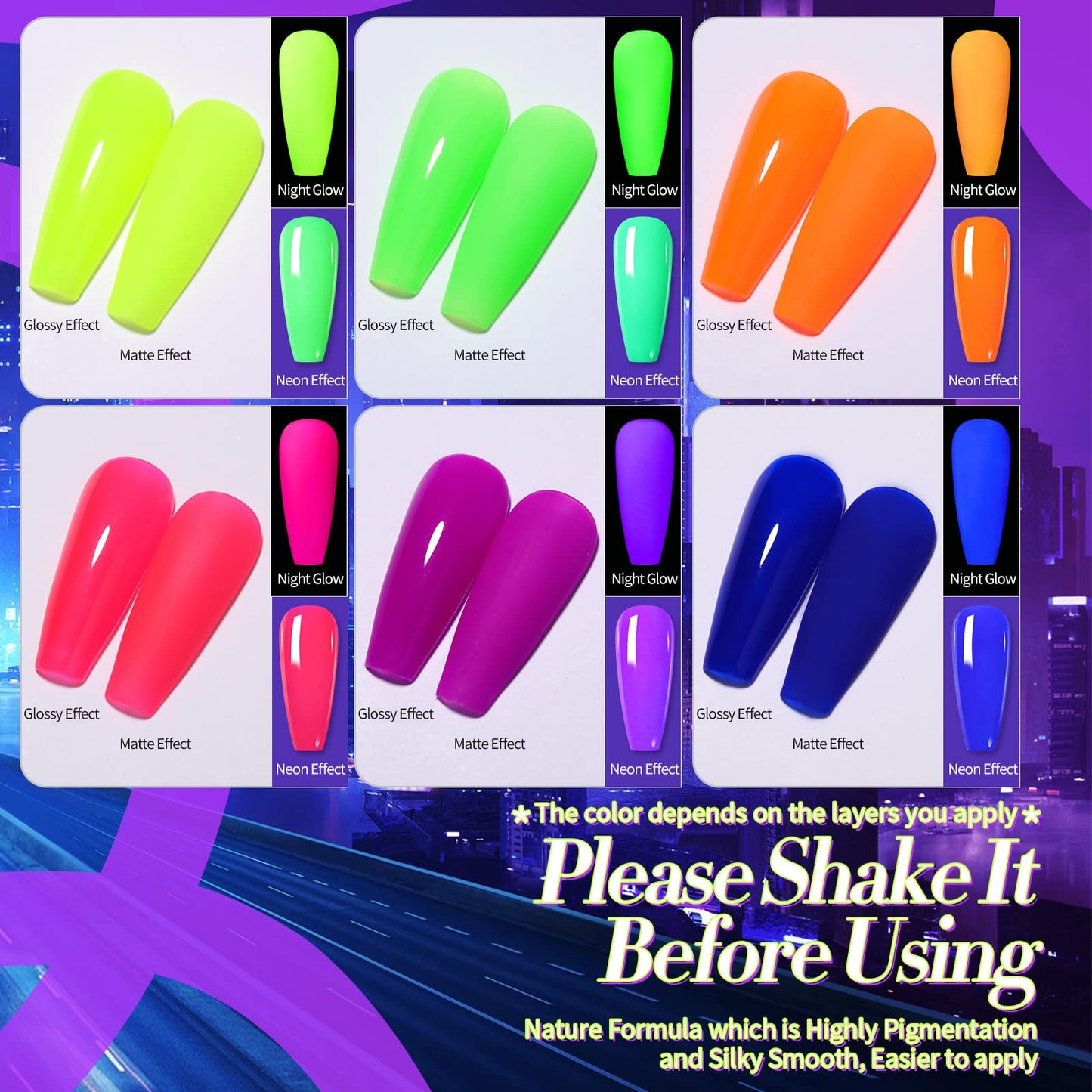 Born Pretty Neon Gel Nail Polish Luminous Glow in Dark Gel Polish Neon Gel Nail Polish Set Fluorescent Gel Polish Orange Hot Pink Blue Yellow Green Purple Vibrant Spring Summer Gel Polish 7ML