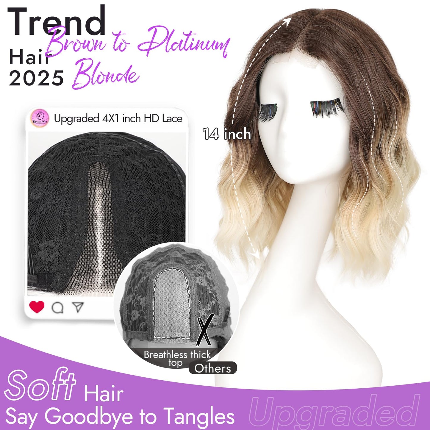 Eawwii Brown to Platinum Blonde Short Wavy Wig for Women Lace Hairline Bob Style Synthetic Heat Resistant - Natural Appearance for Everyday Hairstyle 14 Inch