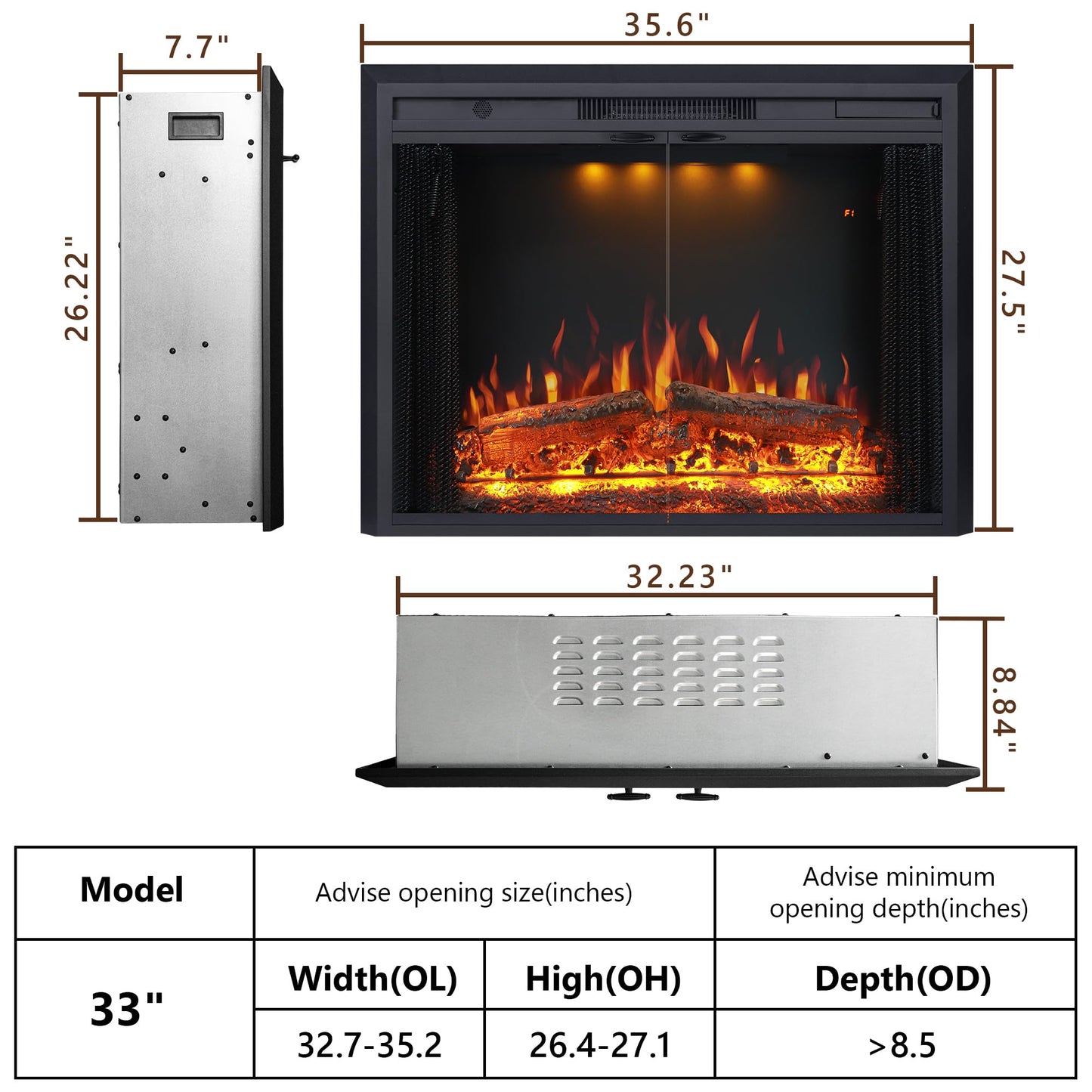 Valuxhome 35.63” W 27.5" H Electric Fireplace Insert with Low/High Temperature Settings, Movable Mesh Screen and Glass Door, 1-9H Timer, Remote and Panel Control