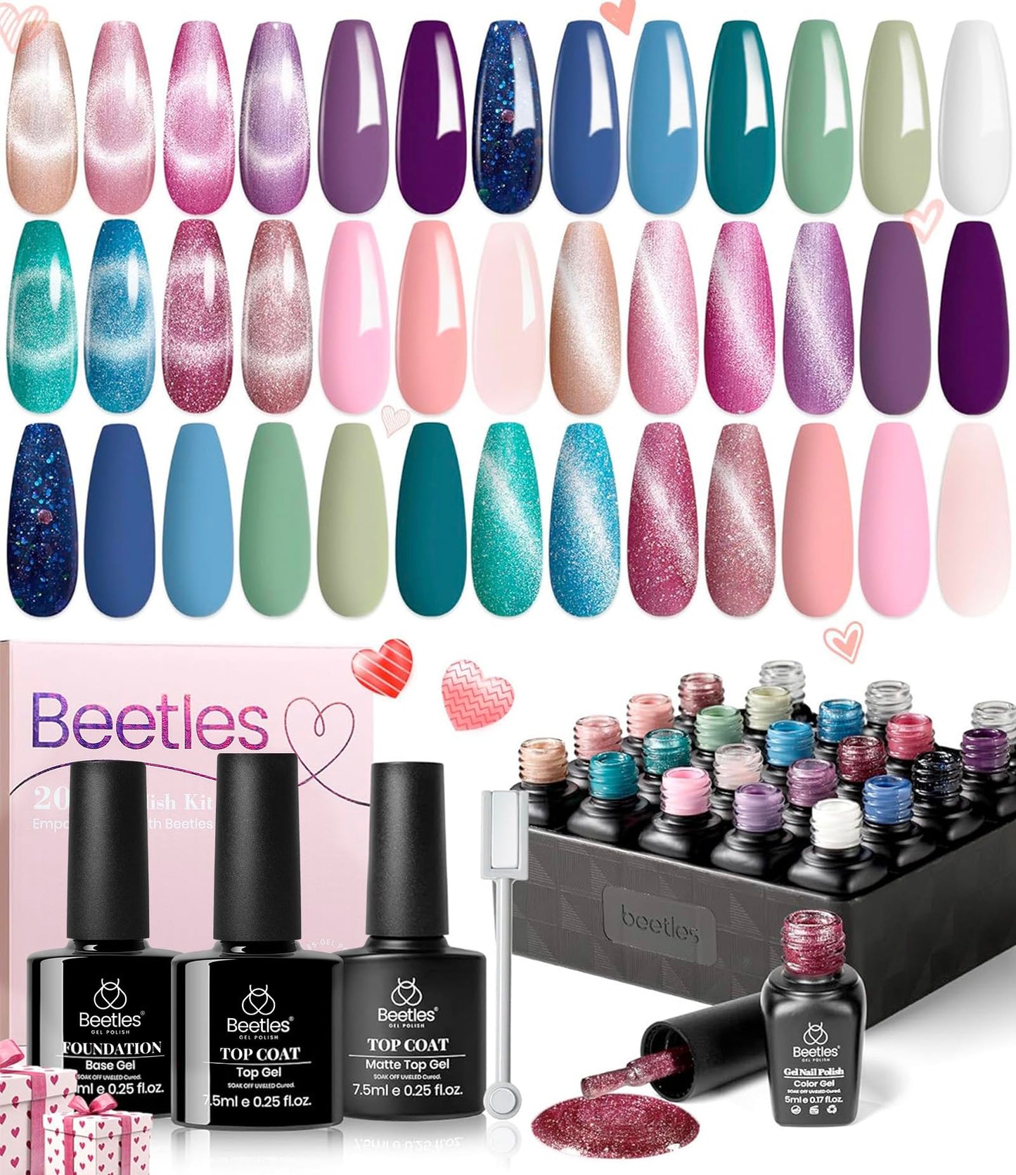 beetles Cat Eye Gel Nail Polish Set, 24Pcs Glitter Gel Nail Polish Blue Pink Purple Green Shimmer Colors Nail Polish with Magnet Stick Glossy & Matte Gel Top Base Coat UV Gift for Women & Girls
