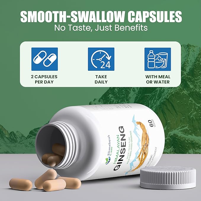 Himalaya's Care Panax Ginseng Supplement 1000mg - 60 Vegan Capsules - Korean Red Ginseng Extract Root Powder Pills for Men and Women - for Natural Energy, Focus, Immune Support, Vitality & Stamina