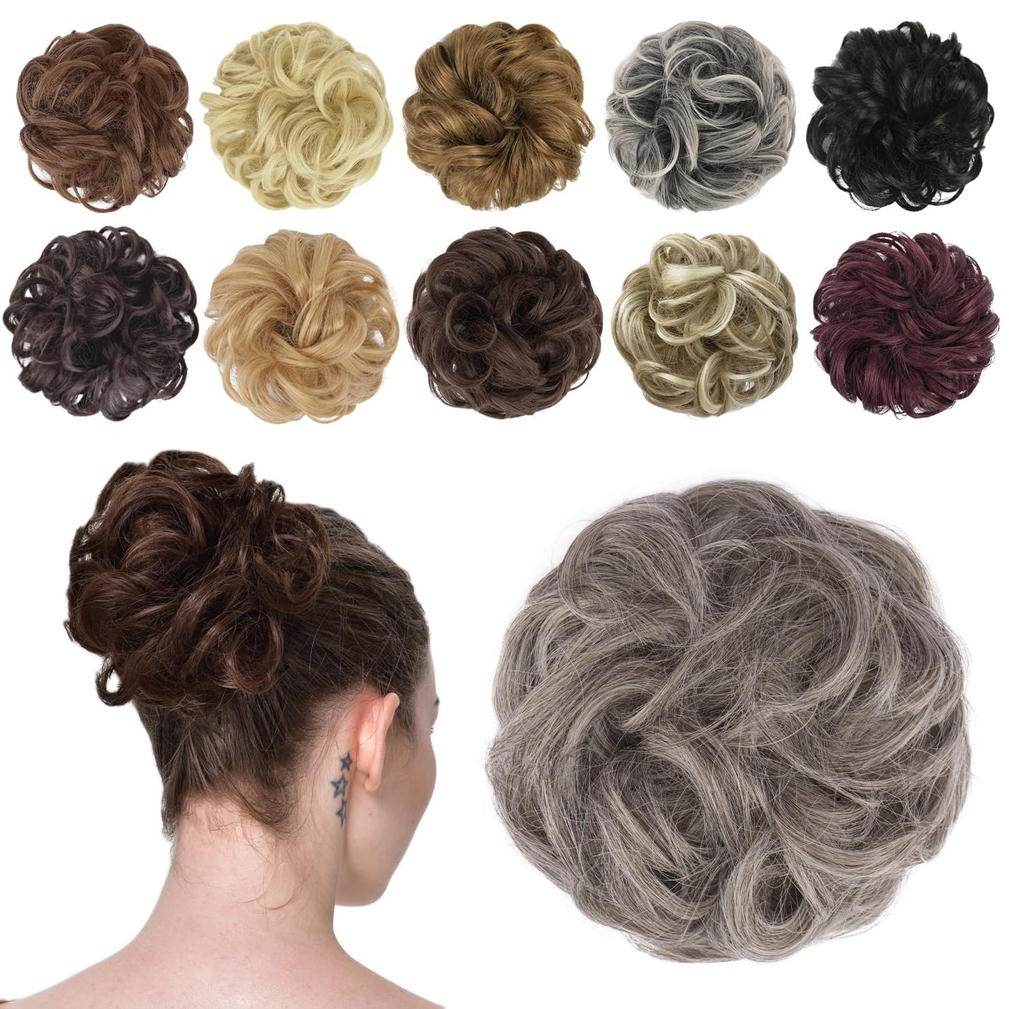 FESHFEN Messy Bun Hair Piece - Elastic Wavy Curly Hair Bun Scrunchies Extensions Synthetic Chignon Hairpieces for Women Girls, Salt and Pepper 1 PCS