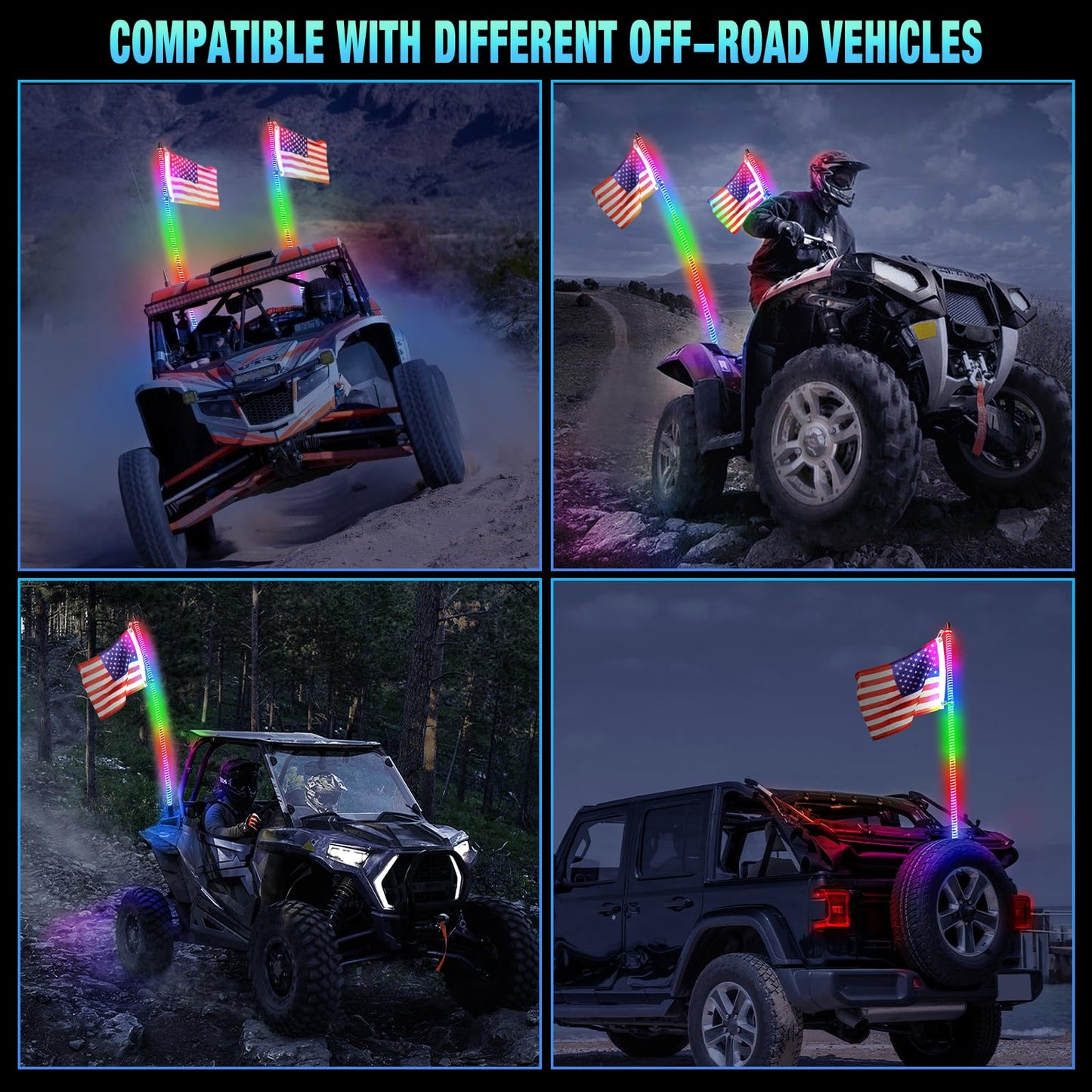 Uemicip 2PCS 4FT COB UTV Whip Lights,2024 New Upgrade Superbright LED Whip Lights,RGB Chasing Lights Whip Lights for Side by Side, Lighted Whip fit for UTV ATV RZR SXS Can-Am Polaris