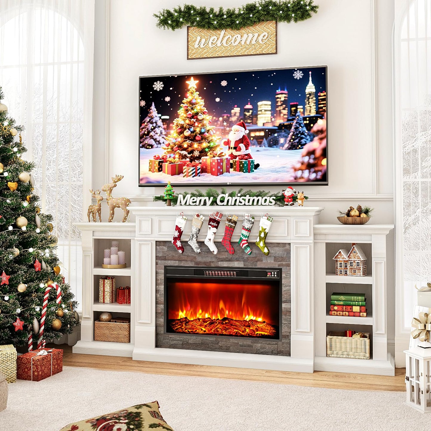 80" Electric Fireplace with Mantel, Fireplace TV Stand for TVs Up to 90 Inch, Modern Entertainment Center with Storage, Realistic Stacked Stone Surround with Remote Control for Living Room, Bedroom
