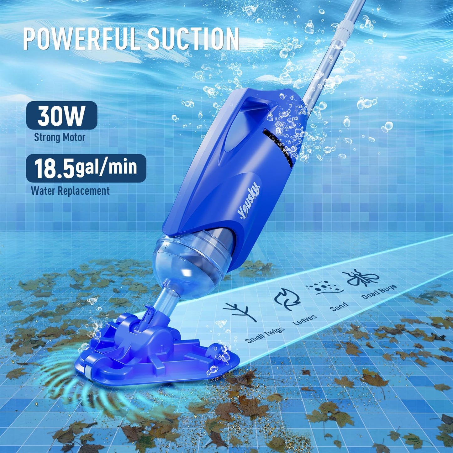 2025 Upgraded Handheld Pool Vacuum Cleaner for Above Ground & Inground Pools - Cordless Pool Cleaner w/18.5GPM Suction, Telescoping Pole(20-69in), 2 Brush Heads - Ideal for Spas & Hot Tubs