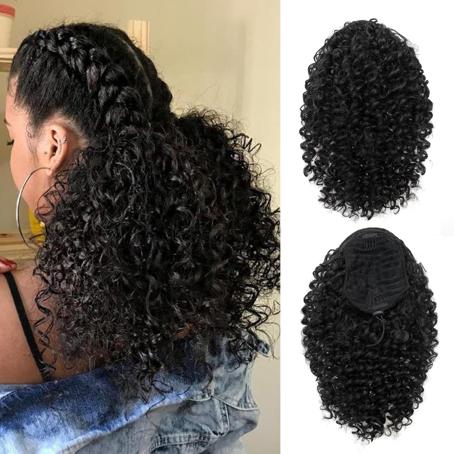 YXCHERISHAIR Curly Wavy Ponytail Extension - Black Drawstring Hair Extensions for Women, Natural Wavy Synthetic Hairpiece for African Women, Daily Use and Party (1B#, 14inch)