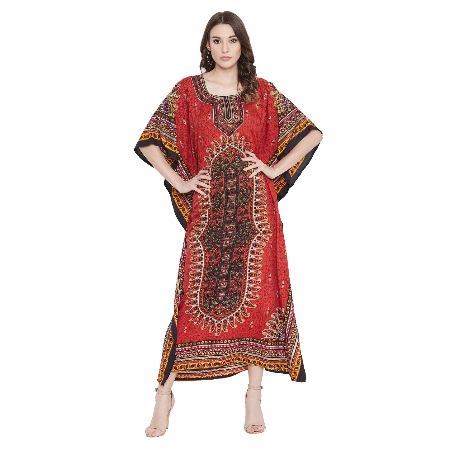 Gypsie Blu Women Plus Size Kaftans Kimono Style Polyester Dresses Loose Caftan Dress Ladies Evening Casual Long Maxi (Red Paisley Pattern Kaftan)