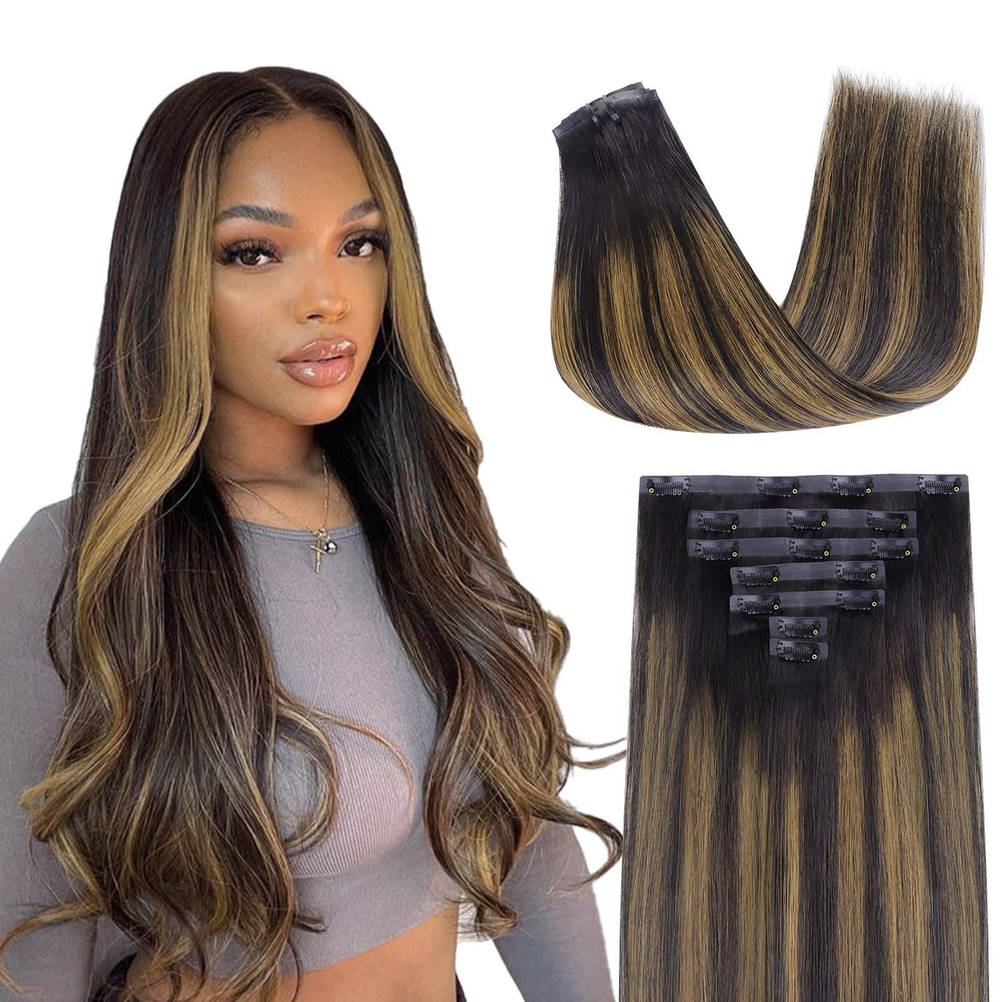 Lashey Seamless Hair Extensions Clip ins Staright 110g Natural Black Mixed Chestnut Brown 14 Inch 7pcs PU Weft Clip in Hair Extensions Real Human Hair with Invisi Edge for Black Women