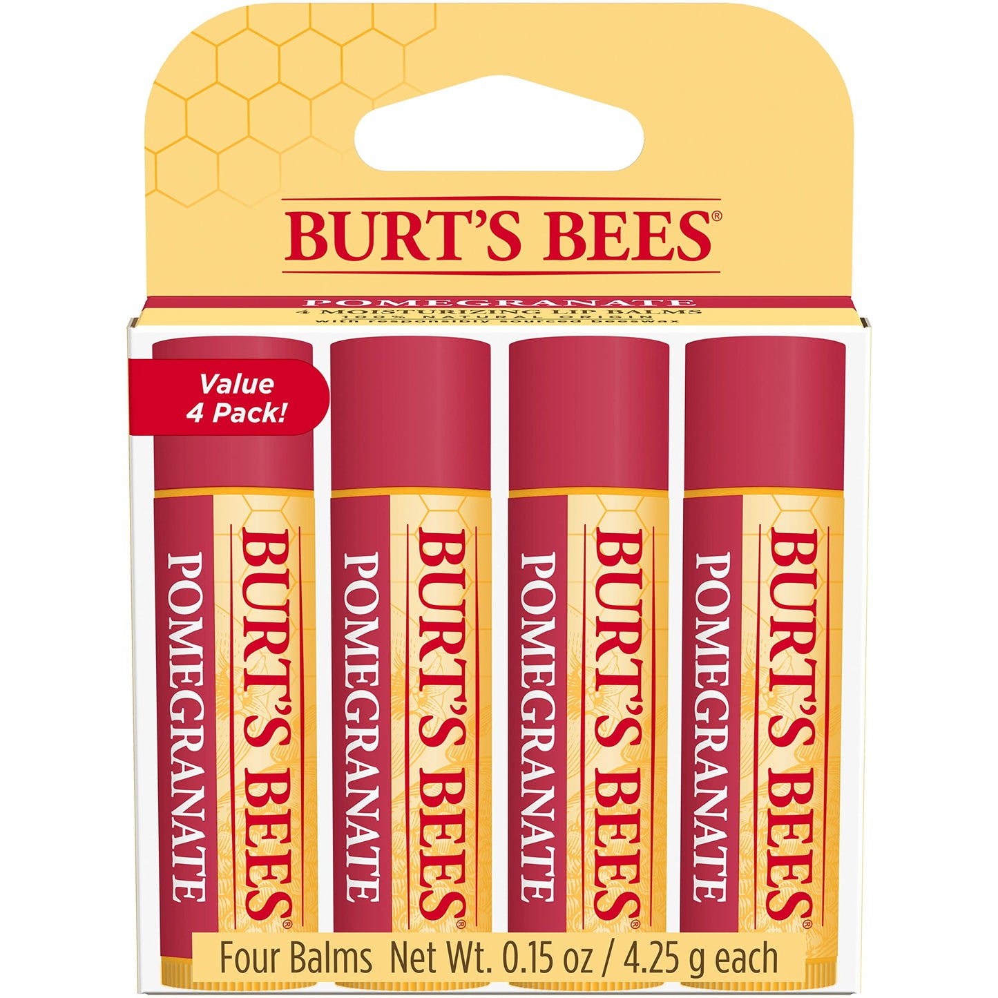 Burt's Bees Lip Balm - Pomegranate, Lip Moisturizer With Responsibly Sourced Beeswax, Tint-Free, Natural Origin Conditioning Treatment, 4 Tubes, 0.15 oz.