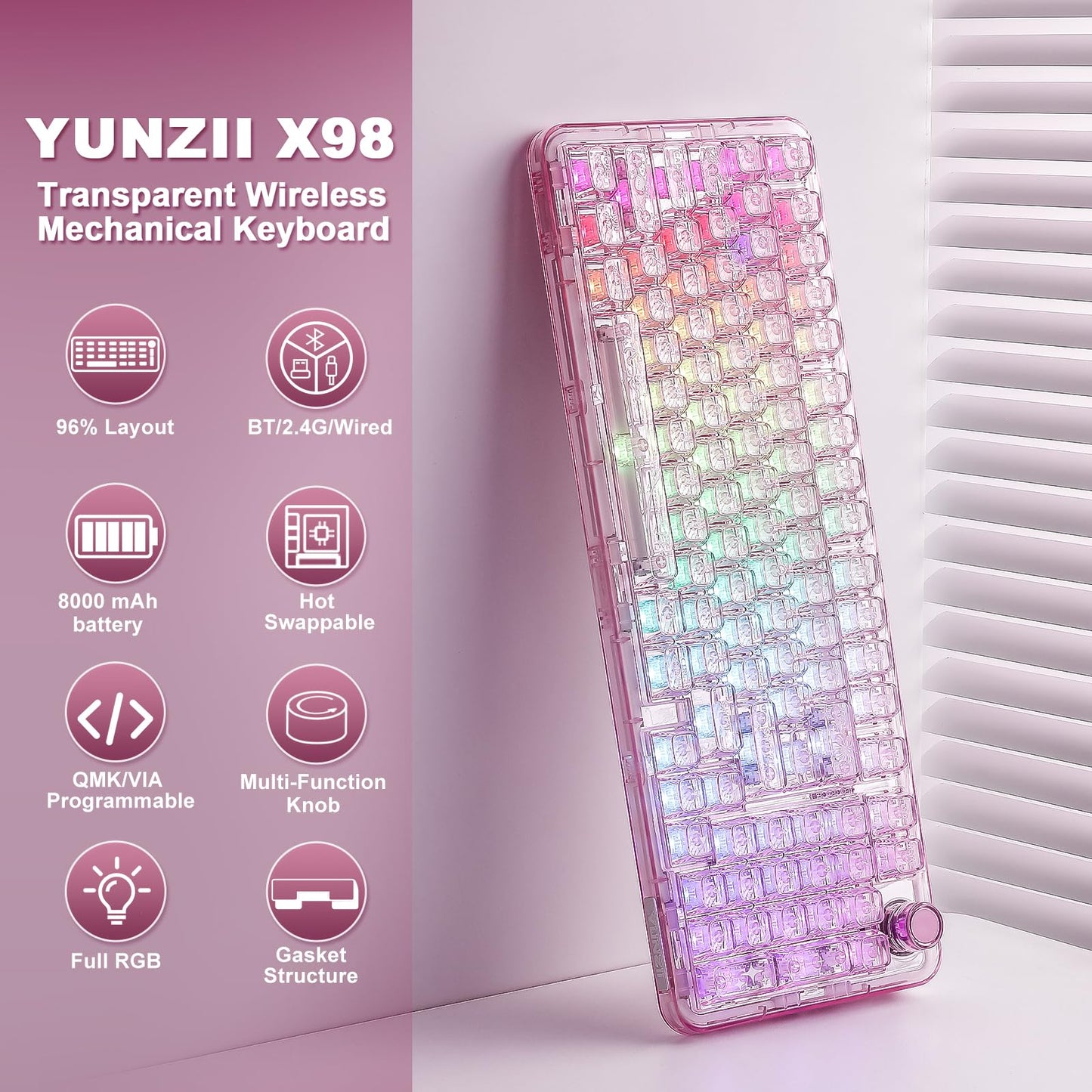 YUNZII X98 QMK/VIA Wireless Mechanical Gaming Keyboard with Knob,Tri-Mode BT5.0/USB-C/2.4GHz Hot Swappable Keyboard,Pre-lubed Switches Gasket Mount RGB Backlit for Wins/Mac (Pink, Snow Switch)