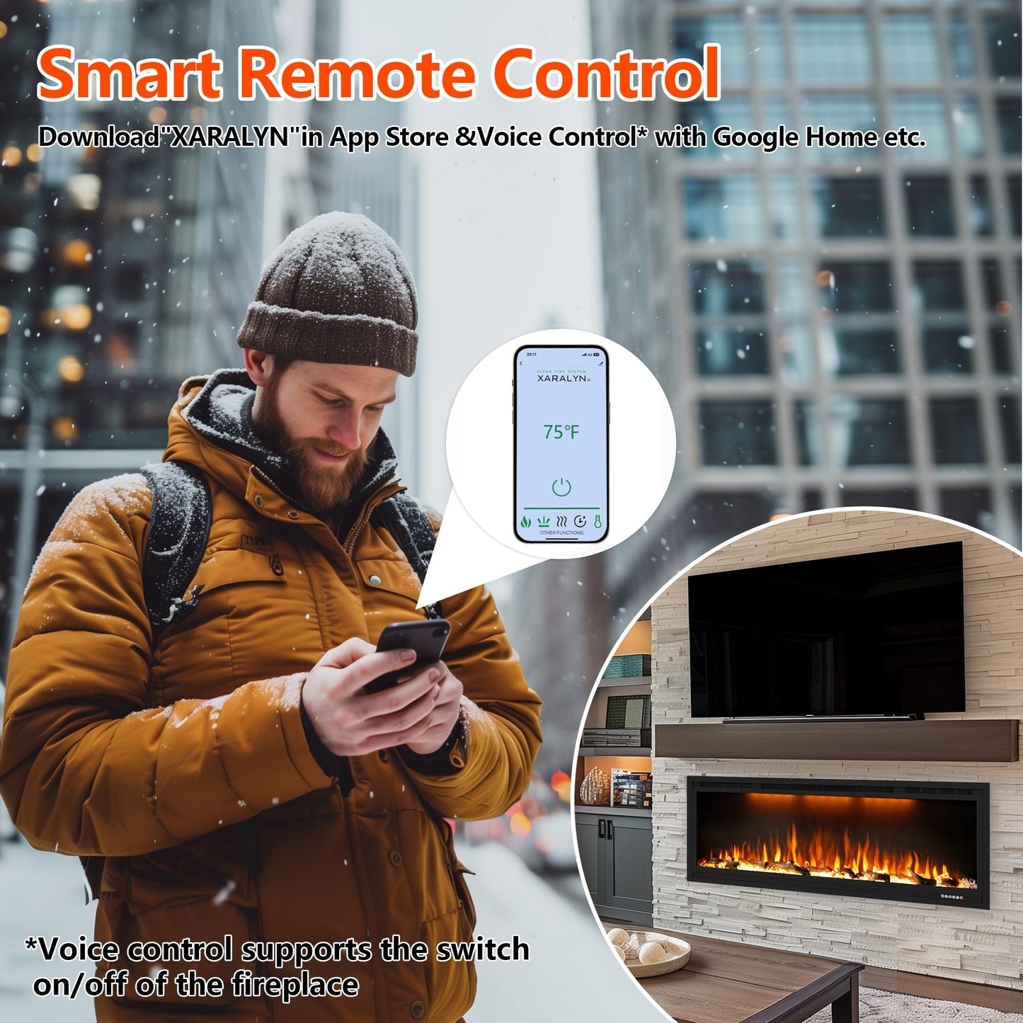 60 inch Smart Linear Electric Fireplace, Recessed and Wall Mounted Fireplace Inserts with Remote Control, Adjustable Flame Color, Lights, Temperature, Overheating Protection& Timer, 750W/1500W, Black