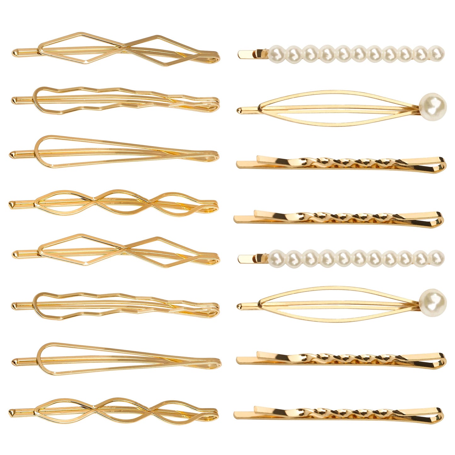 16 Pieces Geometric Metal Hair Pins, Pearls Hair Clips Elegant Hair Barrettes Bridal Gold Metal Bobby Pins Dainty Embellished Bobby Pins for Woman and Girls