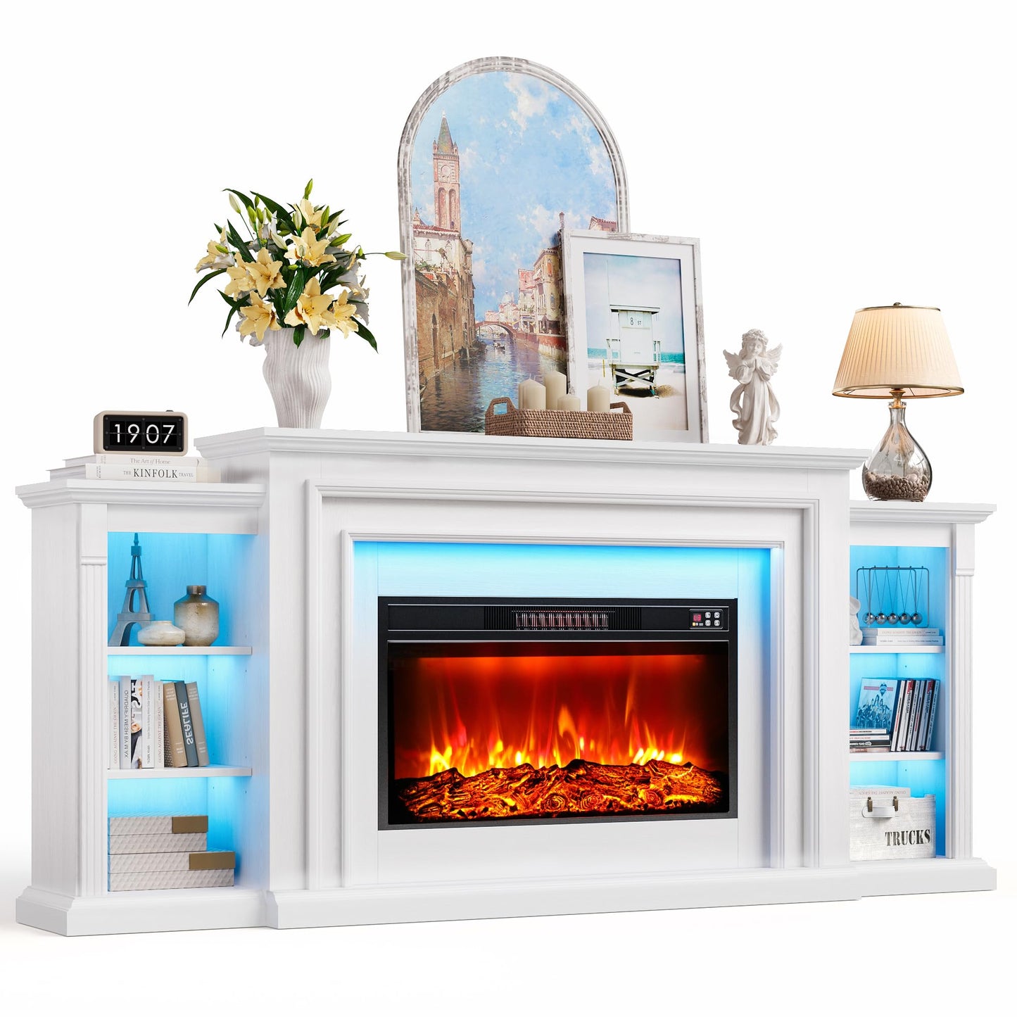 80" LED Electric Fireplace with Mantel, Fireplace TV Stand for 90 Inch TV, Modern Entertainment Center with Storage, Delicate Three-Dimensional Molding with Remote Control for Living Room