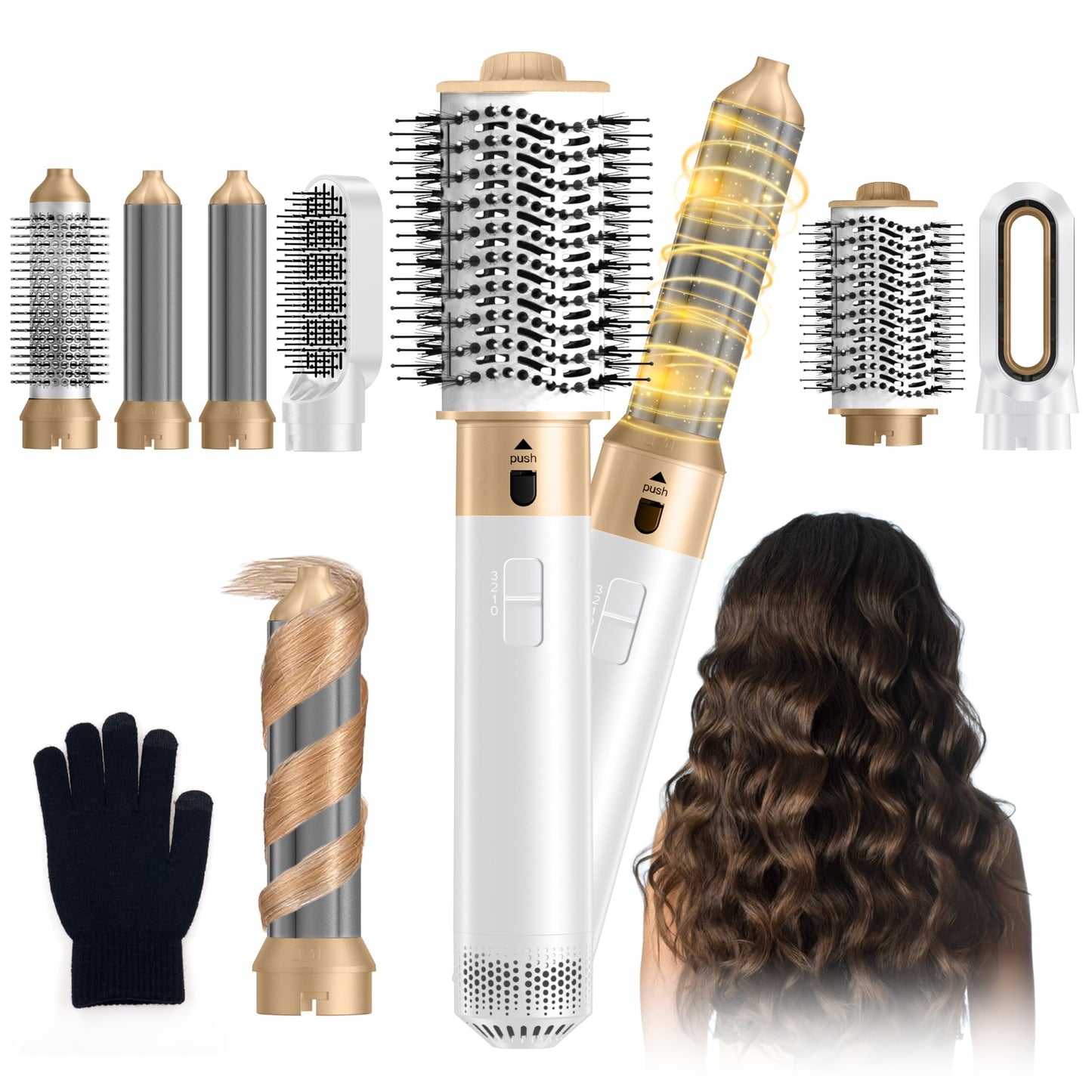 Hot Air Brush 6-in-1: Blow Dryer, Curling Iron, Styler Wrap, Negative Ion Detachable Heads, Tangle-Free Design for Curly/Wavy/Straight Hair
