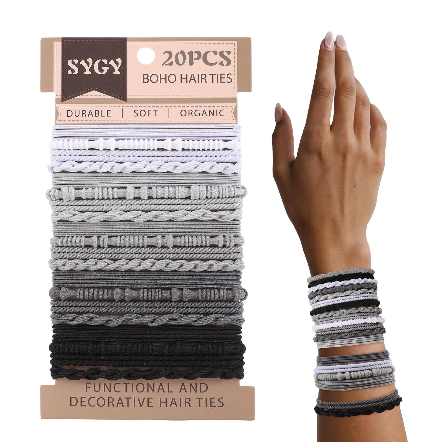 20 PCS Boho Hair Ties, Grey Bracelets Hair Ties for Thick or Thin Hair, 4 Styles Boho Ties for Ponytail Holders, 2.36’’ Hair Ties No-Damage