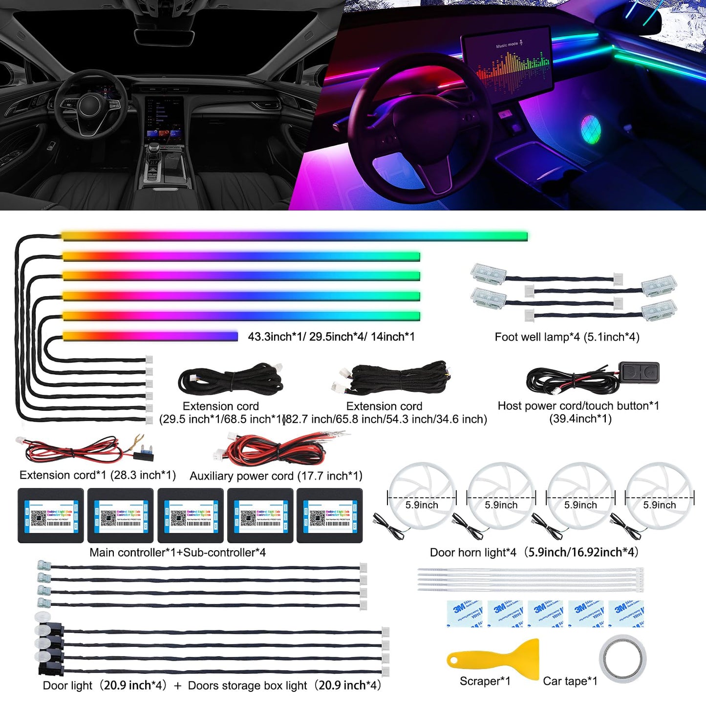 Dreamcolor Acrylic Interior Car LED Strip Light with Wireless APP, RGB 22 in 1 with 175 inches 600 LEDs Fiber Optic Car Ambient Lighting Kits, Dual Zone Sound Active Function LED Strip for Car