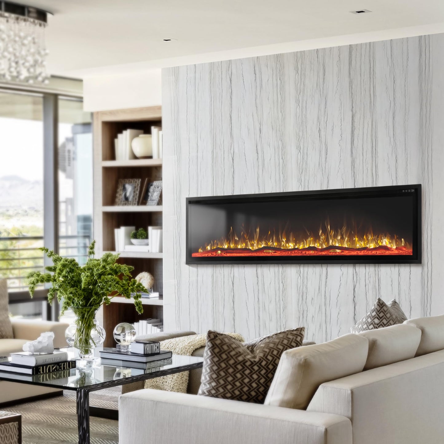 GREEN PARTY 72" Electric Fireplace Recessed/Wall Mounted Ultra Slim Frame Fireplace Heater with Log & Crystal Options, 750W/1500W, Adjustable Flame Bed Colors, Speed, Timer, Temperature (60.8℉-86℉)