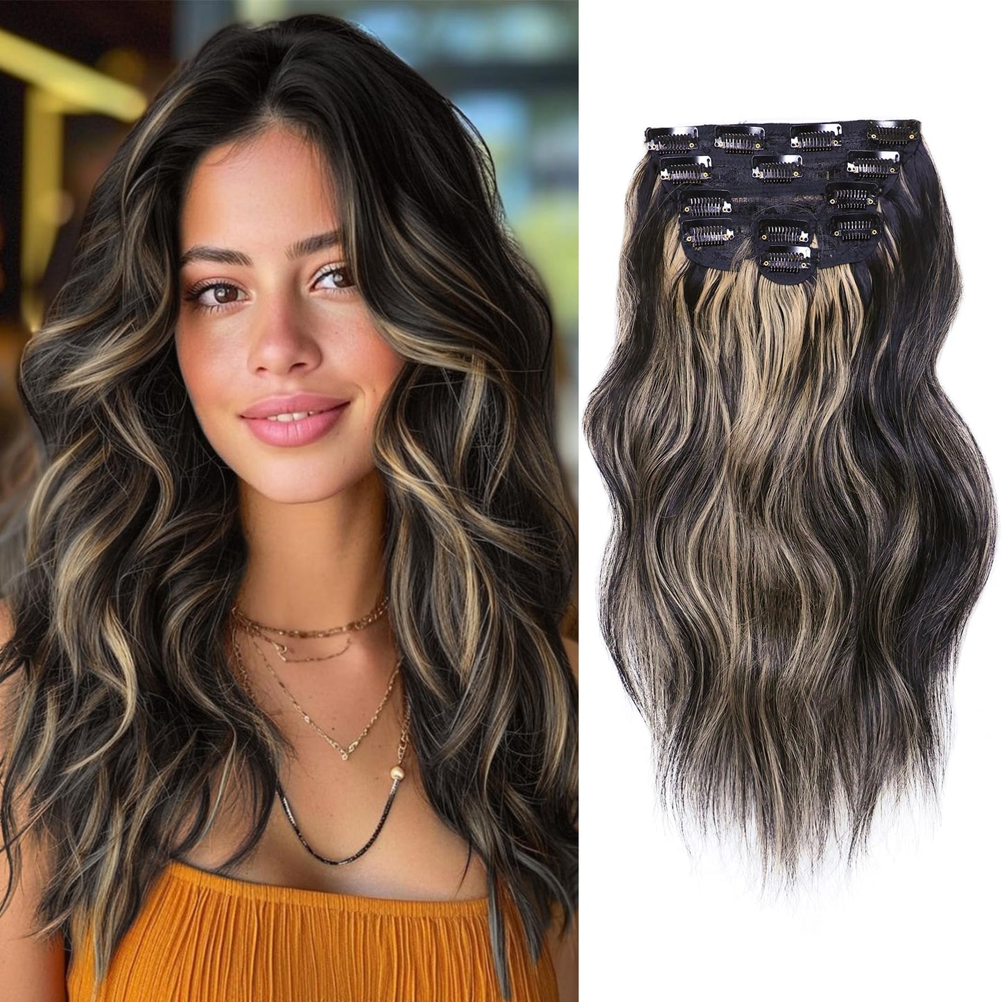 NAYOO Clip in Hair Extensions for Women 14 Inch Short Wavy Curly Black Mix Blonde Hairpieces Full Head Synthetic Hair Hairpieces (6PCS, Black Mix Blonde)