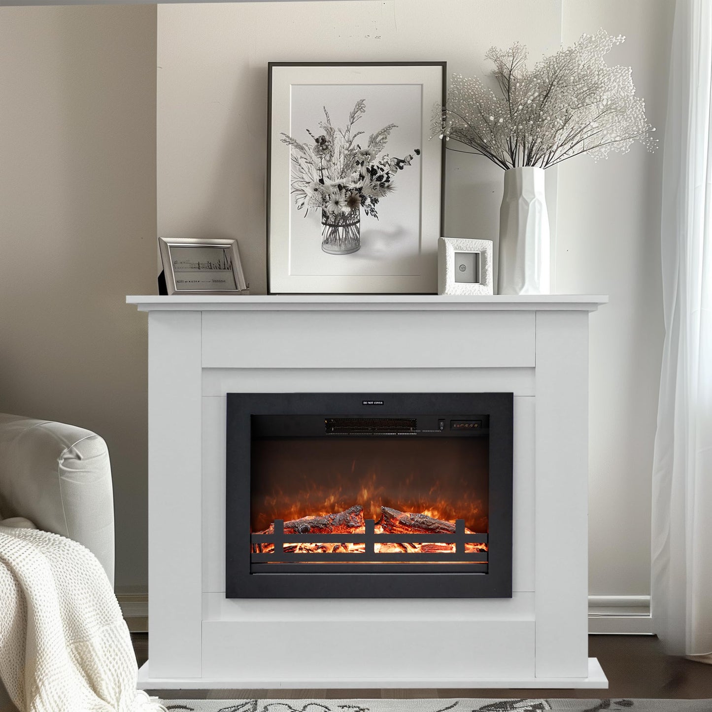 Rodalflame 41" Electric Fireplace with Mantel, Wooden Surround Firebox, Freestanding, Adjustable Flame Brightness, Ivory White, Set of 2