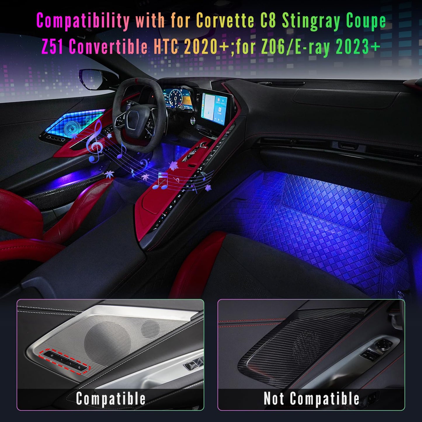 Bracingo Door Speaker Relays Cover Trim w/Neon Accent Lights fit for C8 Corvette 2019-2024,LED Ambient Foot Lights,Atmosphere Door Storage Box Lamps,Voice APP Button Switching Control,RGB