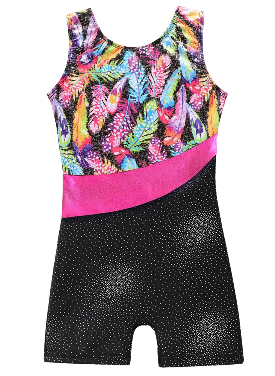 Black Gymnastics Leotards for Girls 4t 5t Toddler Kid Sleeveless Dance Outfit Sparkle Rainbow Feather Pattern Sleeveless Biketards Black (Colorful Feather, 4-5T)