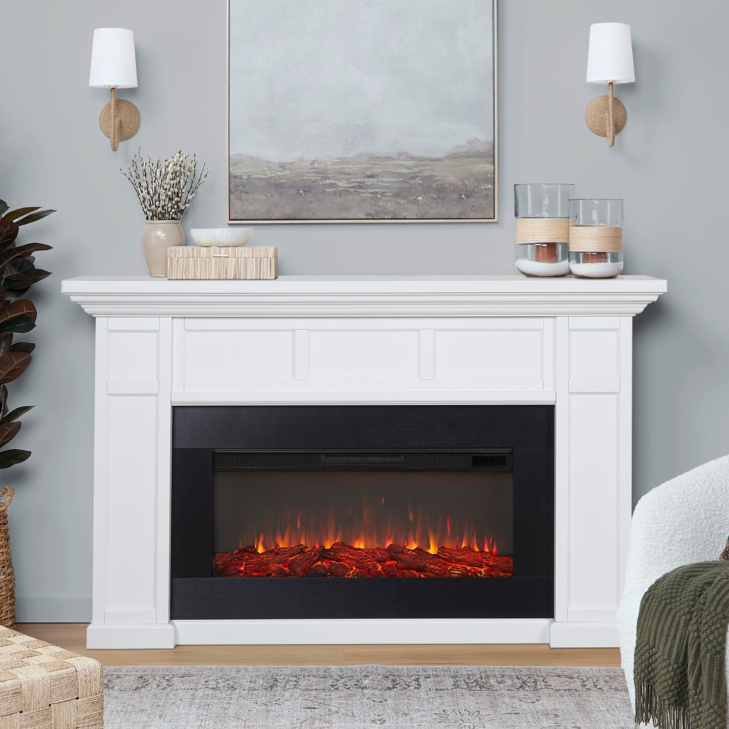 Real Flame Alcott 75” Electric Fireplace with Mantel for Living Room or Bedroom, Replaceable Fireplace Insert Heater, Realistic Log and Flame Effect, Remote Control, Timer