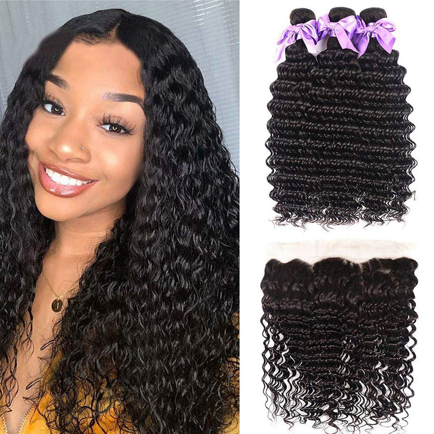 Brazilian 8A Deep Wave 3 Bundles With Frontal Virgin Human Hair Bundles With 13X4 Free Part Lace Frontal Unprocessed Virgin Huma