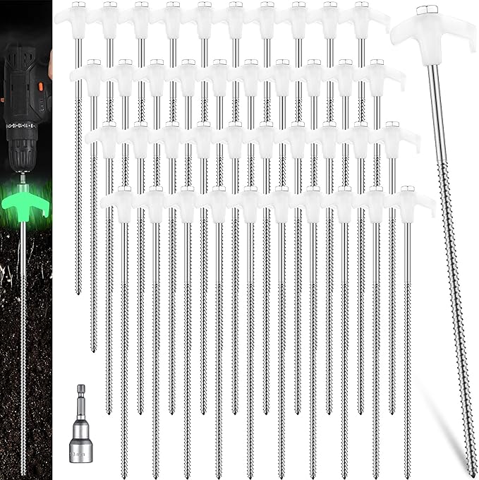 Hicarer 12 Inch Tent Stakes Screw in Camping Stakes Heavy Duty Metal Stake Ground Anchor Peg Threaded Tent Spikes with Hex Head Driver for Camping Garden Inflatable
