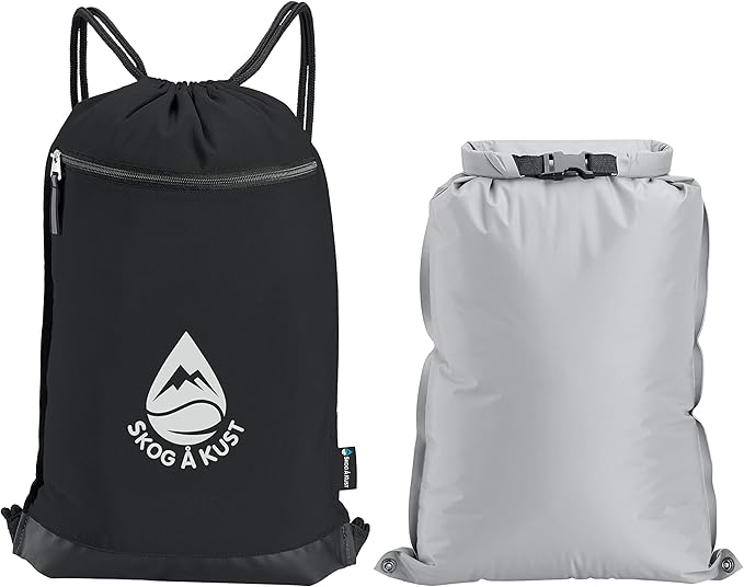 Skog Å Kust GymSak | Patented 2-in-1 Drawstring Cinch Bag with Removable Waterproof Dry Bag | Black & Grey