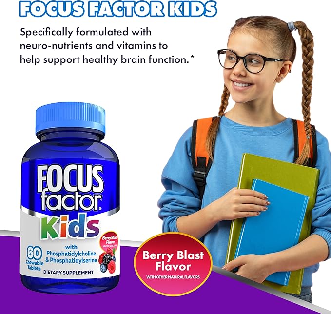 Focus Factor Kids Complete Daily Chewable Vitamins: Multivitamin & Neuro Nutrient, Brain Function, w/Vitamin B12, C, D3, 60 Count (2 Pack)