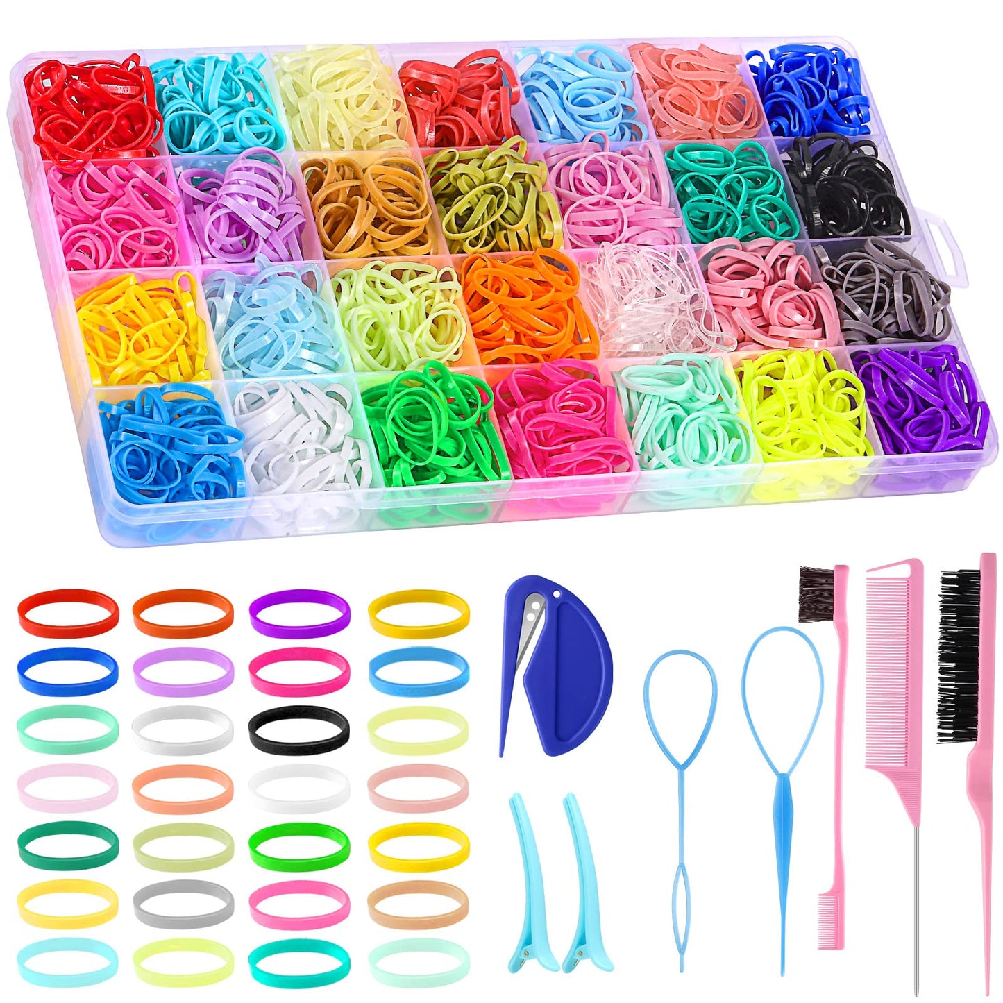 28 Colors Rubber Bands with 8 Hair Styling Tools, 1500 Pcs Colorful Elastic Ties Small Rubber Bands Baby Toddler Ties for Girls Hair Accessories Christmas Gifts