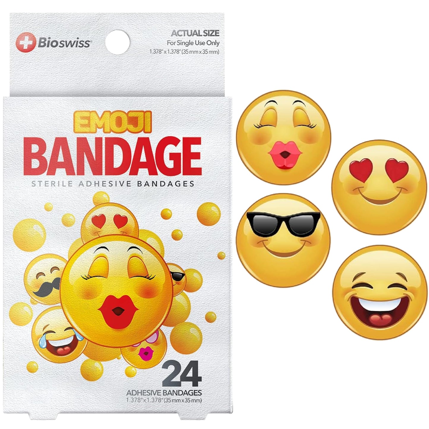 BioSwiss Bandages, Emoji Shaped Self Adhesive Bandage, Latex Free Sterile Wound Care, Fun First Aid Kit Supplies for Kids, 24 Count