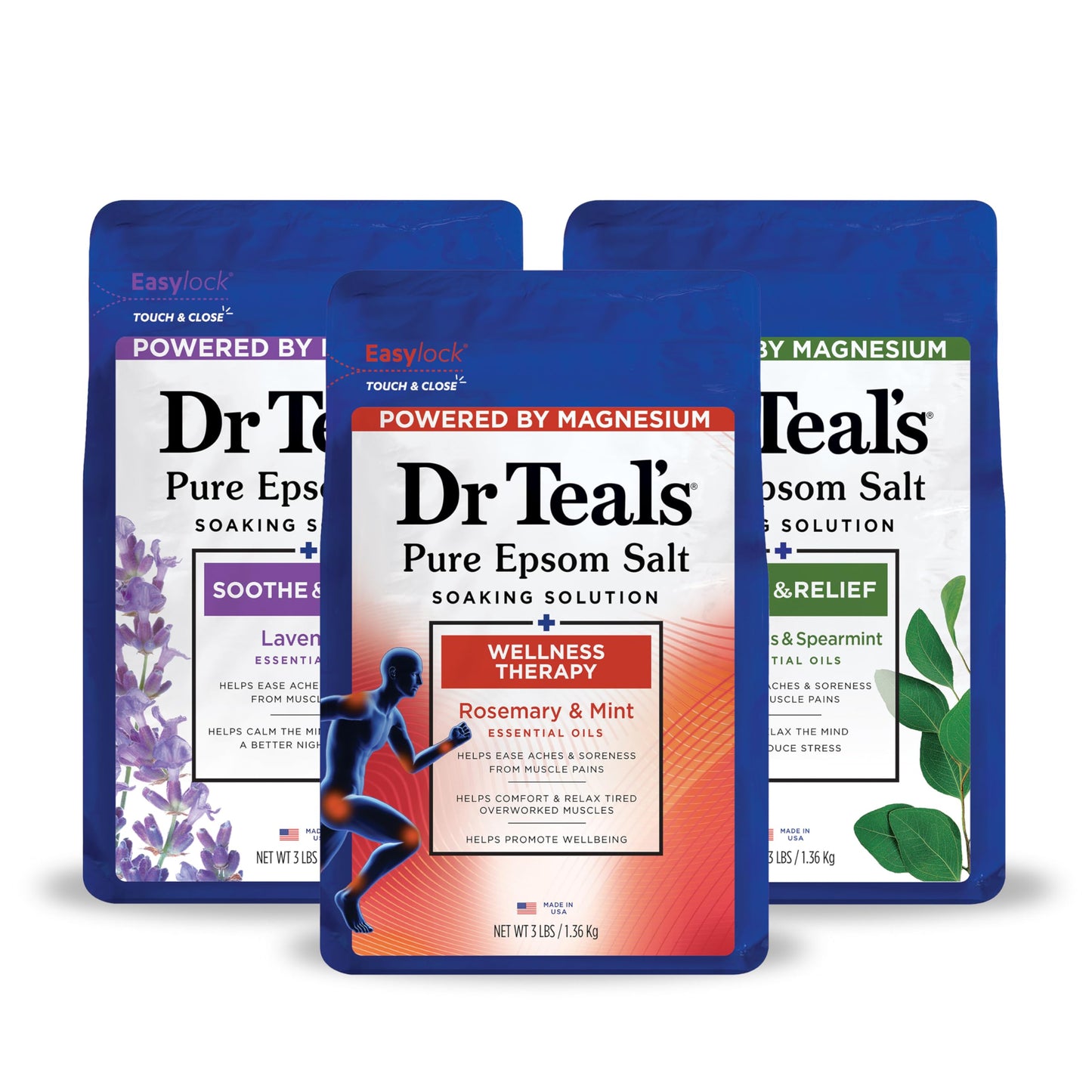 Dr Teal's Pure Epsom Salt, Lavender, Eucalyptus & Wellness Trio Bundle, 3 lbs (Pack of 3)
