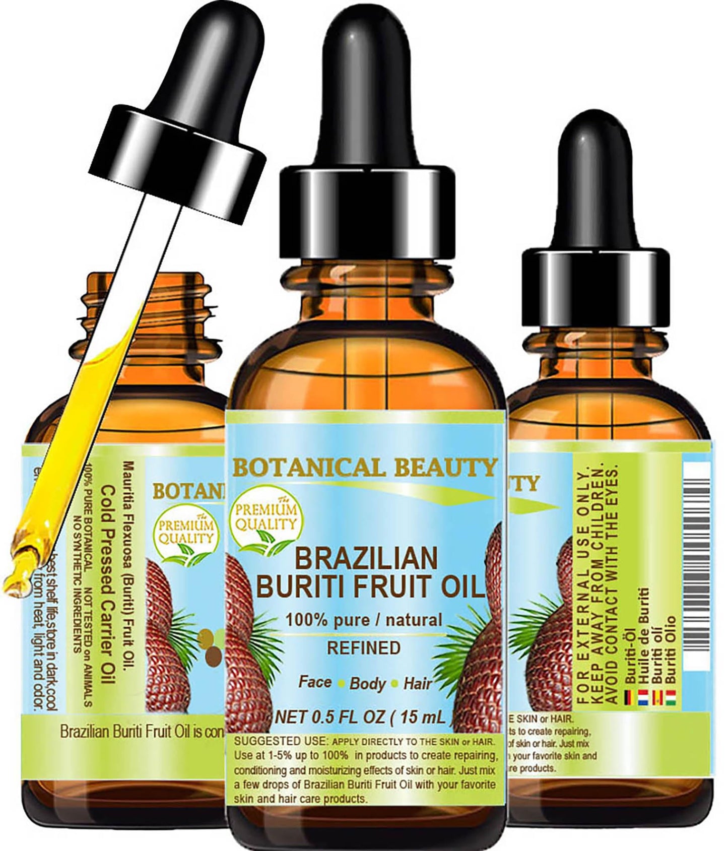 Brazilian Buriti Fruit Oil Pure Natural Virgin Refined Cold Pressed Carrier Oil Undiluted 0.5 Fl.Oz- 15 Ml For Face, Body, Hair,
