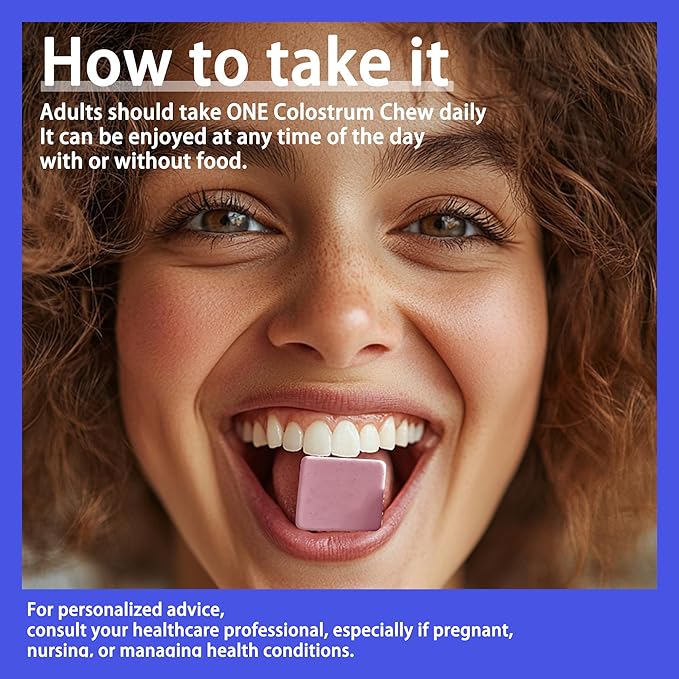 Bovine Colostrum Chews Supplement with probiotics for Gut Health, Bloating, Immune Support, Skin, Hair Growth and Beauty - Blueberry Flavor (60 Servings)