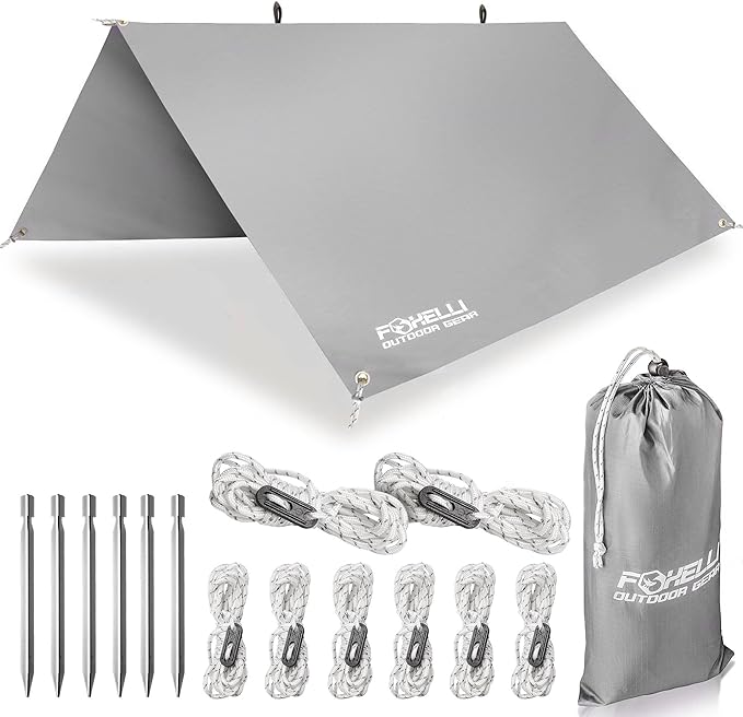 Foxelli Hammock Rain Fly - Waterproof Lightweight Tent & Hammock Rain Tarp for Camping, Backpacking w/Easy Setup Including Extra Long Guy Lines & Stakes