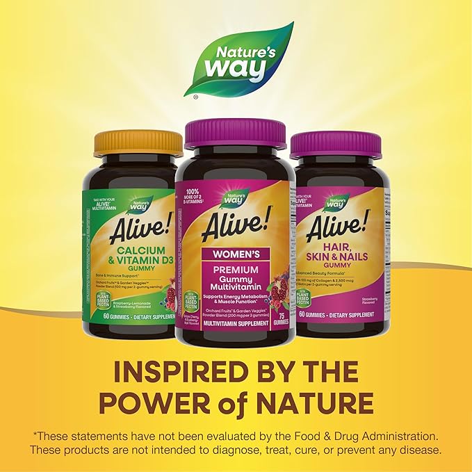 Nature’s Way Alive! Premium Women’s Gummy Multivitamin, Supports Energy Metabolism, Muscle Function*, B-Vitamins, Grape, Cherry, & Blueberry-Acai Flavored, 75 Gummies (Packaging May Vary)