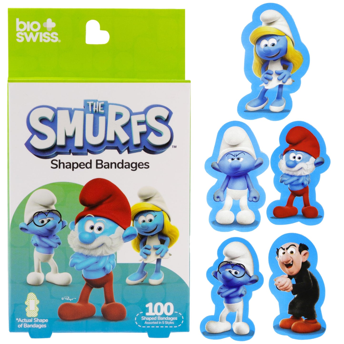 BioSwiss Bandages, The Smurfs Shaped Self Adhesive Bandage, Latex Free Sterile Wound Care, Fun First Aid Kit Supplies for Kids and Adults, 100 Count Box
