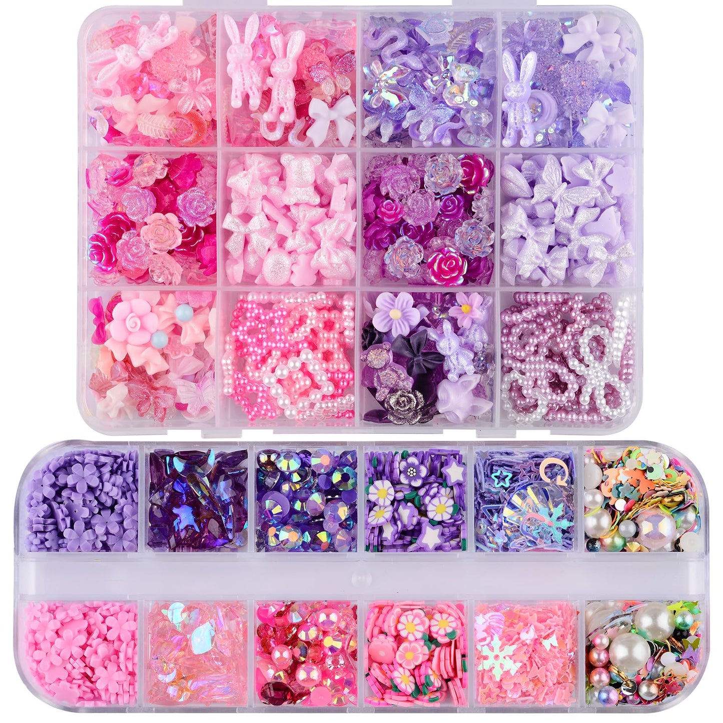 Kikonoke 1400 Pieces 3D Butterfly Rose Flower Bow Rabbit Bear Nail Charms Kit with Nail Art Rhinestones Pearls Crystal Gems Nail Slices for Manicure DIY Crafts Jewelry Accessories (Pink Purple)
