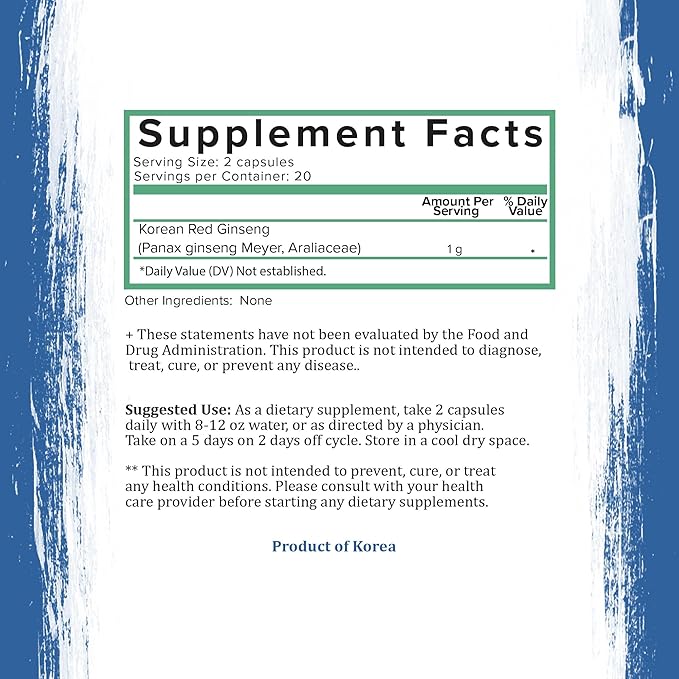 Holistic Bin Korean Red Ginseng Capsules Pure Panax Ginseng Supplement | Vegan, Gluten Free, Non GMO, No Fillers | Rich in Ginsenosides (40 Capsules)