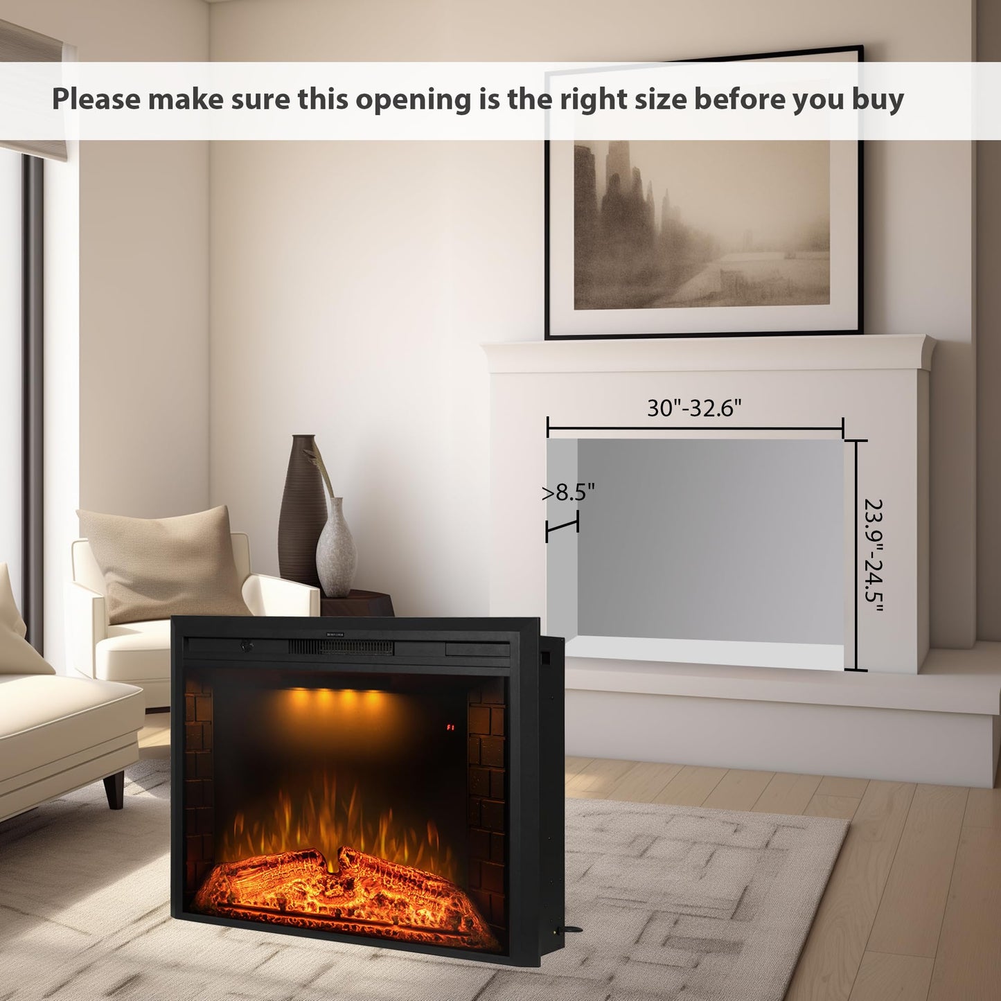 Benrocks 33'' Electric Fireplace Inserts, Recessed & Built in Wall Electric Fireplace Heater with Fire Crackling Sound, Adjustable Top Light & Flame Speed, Overheating Protection, 750/1500W Black