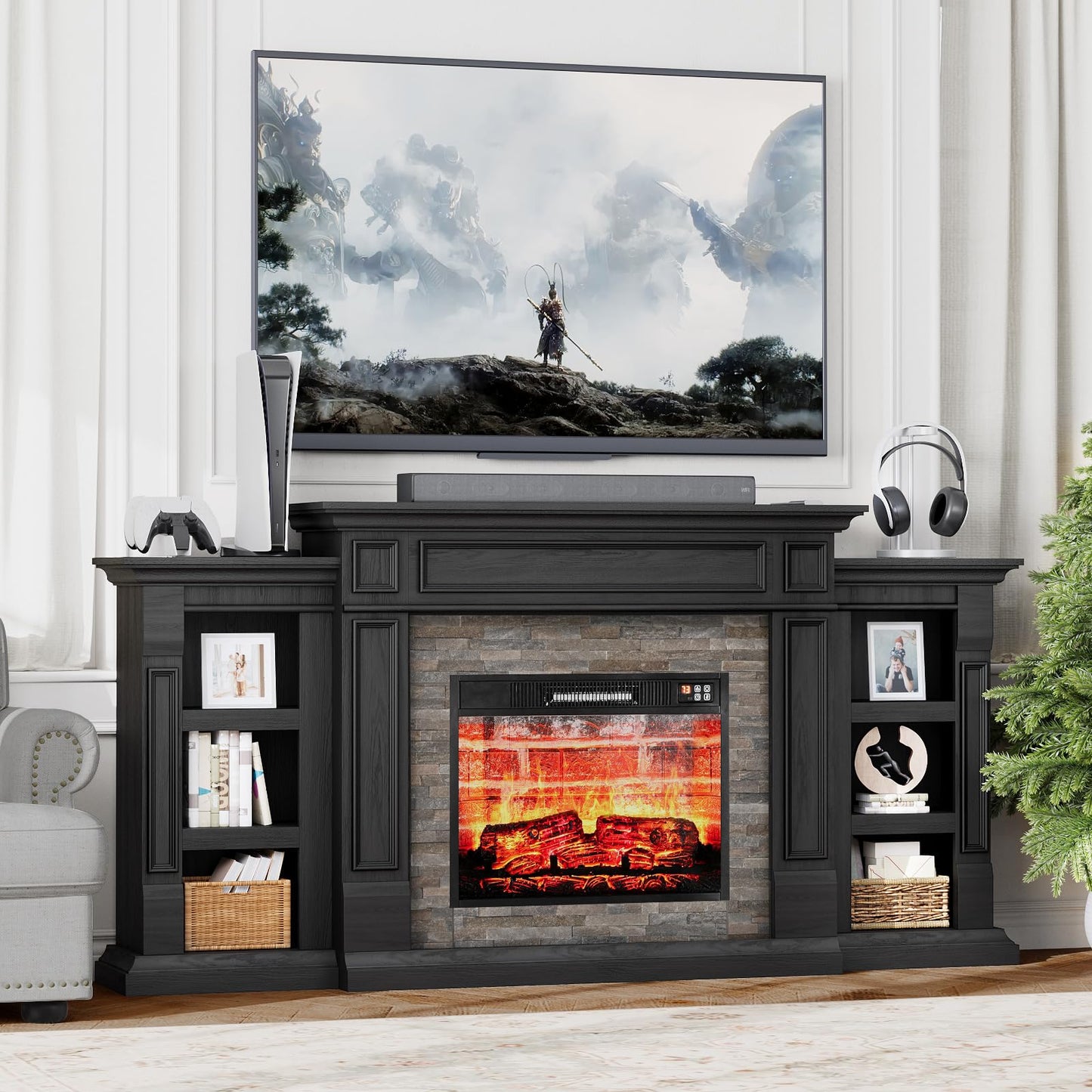 LGHM 72" Fireplace TV Stand for TVs Up to 80 Inch, Electric Fireplace with Mantel, Modern Entertainment Center with Storage, Realistic 3D Flame Effect and Stacked Stone Surround Design for Living Room