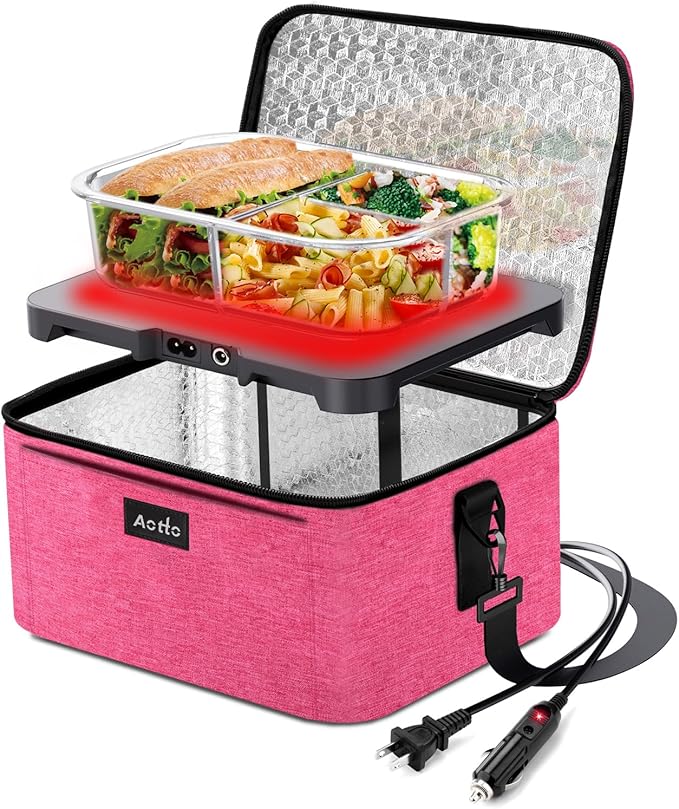 Aotto Portable Electric Lunch Box Food Heater, 12V/24V/110V 3-in-1 Car Food Warmer Heated Lunch Box for Adults, Cook, Reheat & Keep Meals Warm for Car, Truck, Travel, Work, Home - Pink