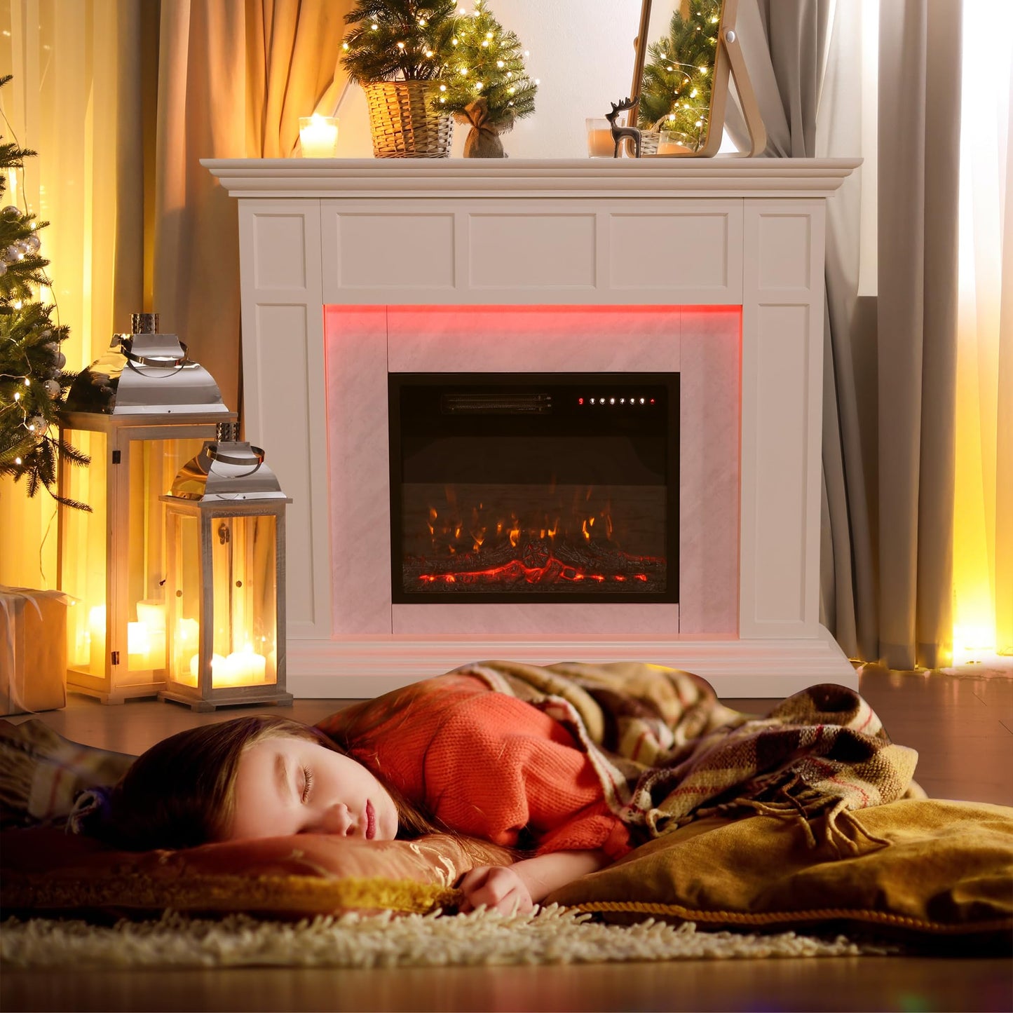 Weyderk 50" Electric Fireplace with Mantel, TV Stand with 23" Freestanding Electric Fireplace, Adjustable Led Flame Remote Control, Beige Gray Marble Finish Fireplace Mantle for Living Room, Bedroom