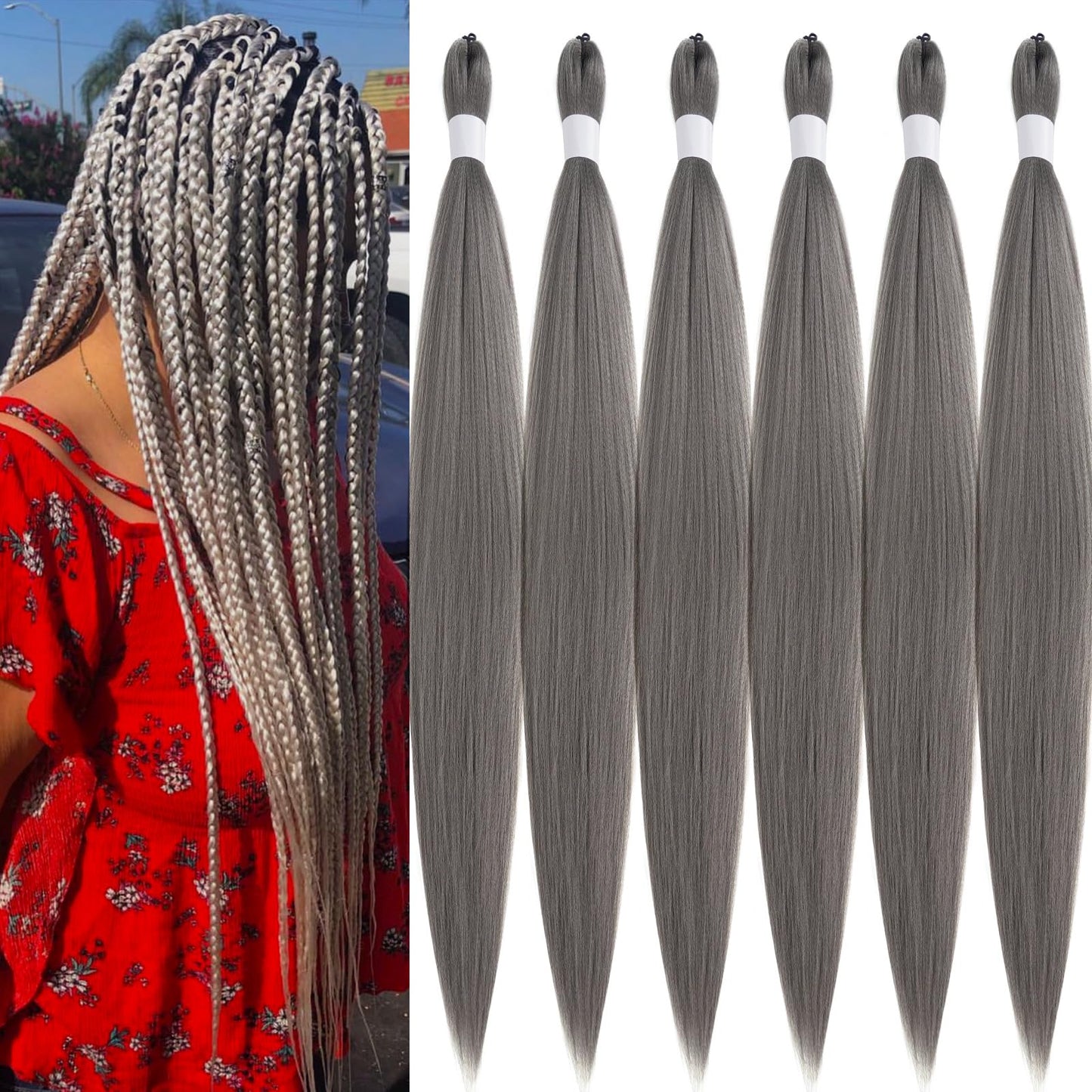 Braiding Hair Pre Stretched Grey Braiding Hair Kanekalo Prestretched Braiding Hair 26 Inch Folded 6 Packs Yaki Long Color Knotless Synthetic Braiding Hair Extensions for Braiding Micro Box Braids