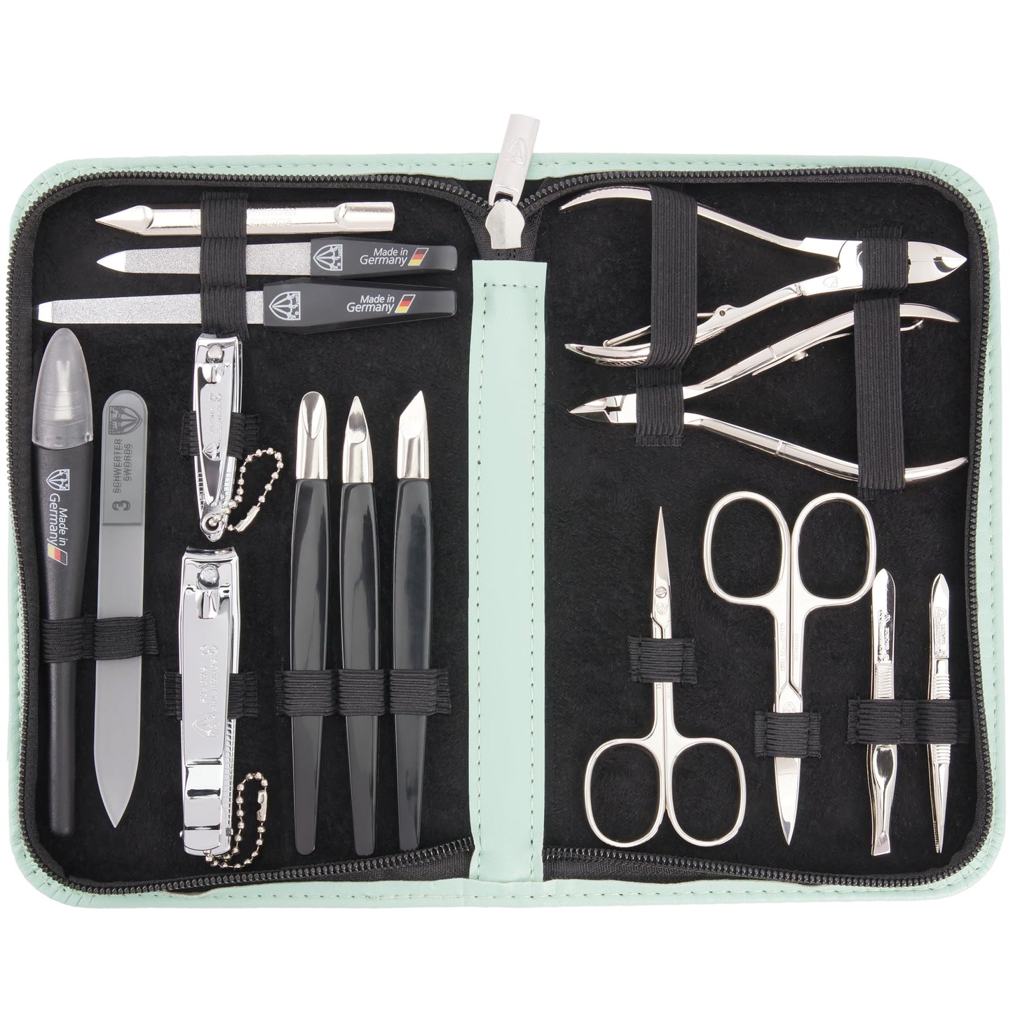 3 Swords Germany - brand quality 16 piece manicure pedicure grooming kit set fashion leather case mint, Made in Germany