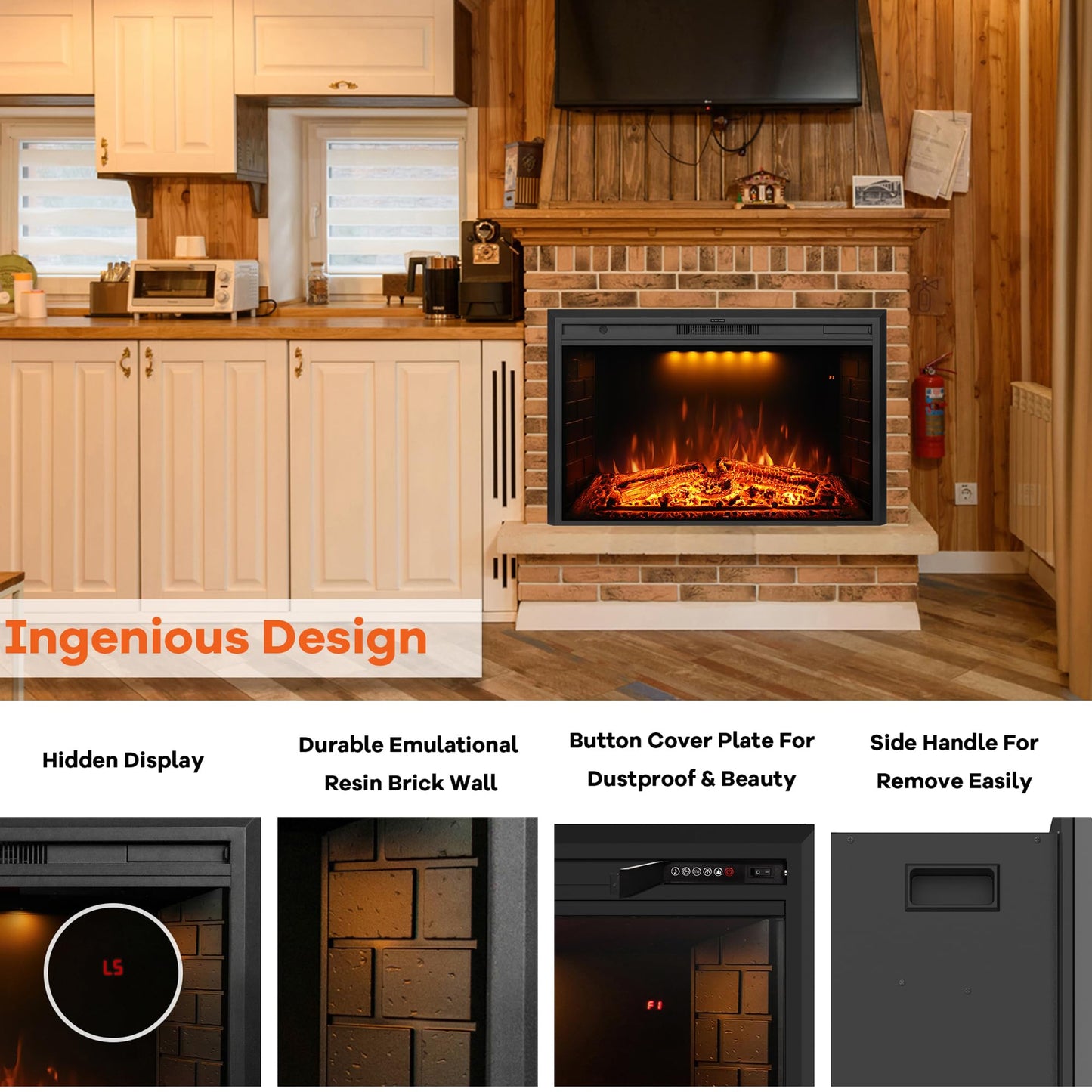 Dreamflame 36 inch Electric Fireplace, Wall Fireplace Electric with Remote Control, Realistic Log and Crackling Sound, Overheating Protection and Timer, 750/1500W Black