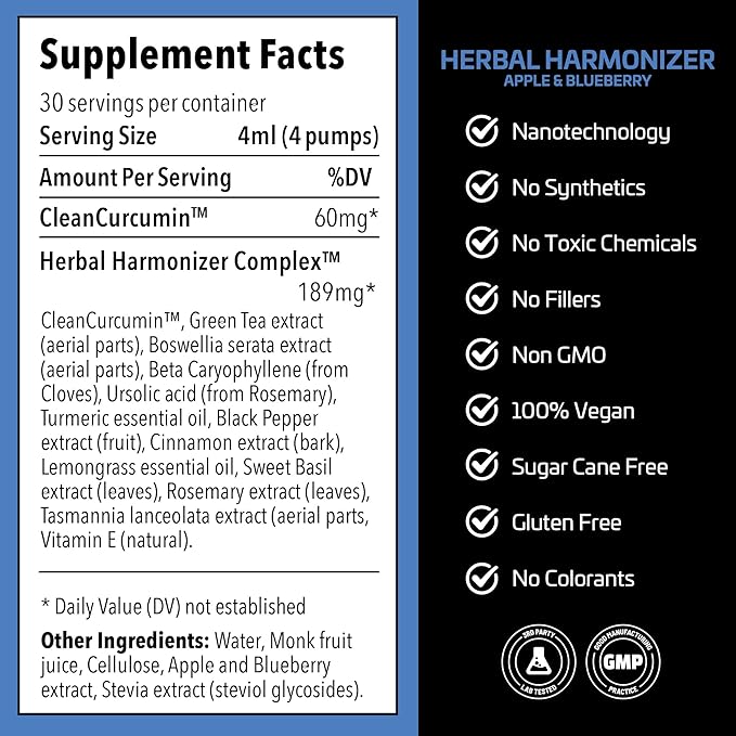 Herbal Harmonizer with CleanCurcumin(TM) - Multi Botanical Antioxidants Supplement - Water Soluble - Nano Curcumin - Holistic Wellness Defender - Healthy Drink Mix (4 fl.oz, Apple and Blueberry)