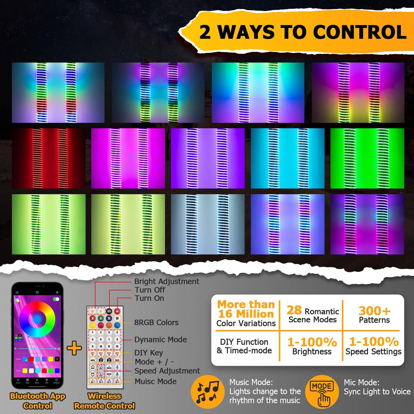 WeiSen 2PCS 1FT Fat COB Whip Light w/Brake Turn Reverse Light, Spiral RGB Chasing Lighted Whips with Plug & Play Rocker Switch Compatible with Polaris RZR Ranger Maverick X3 UTV ATV