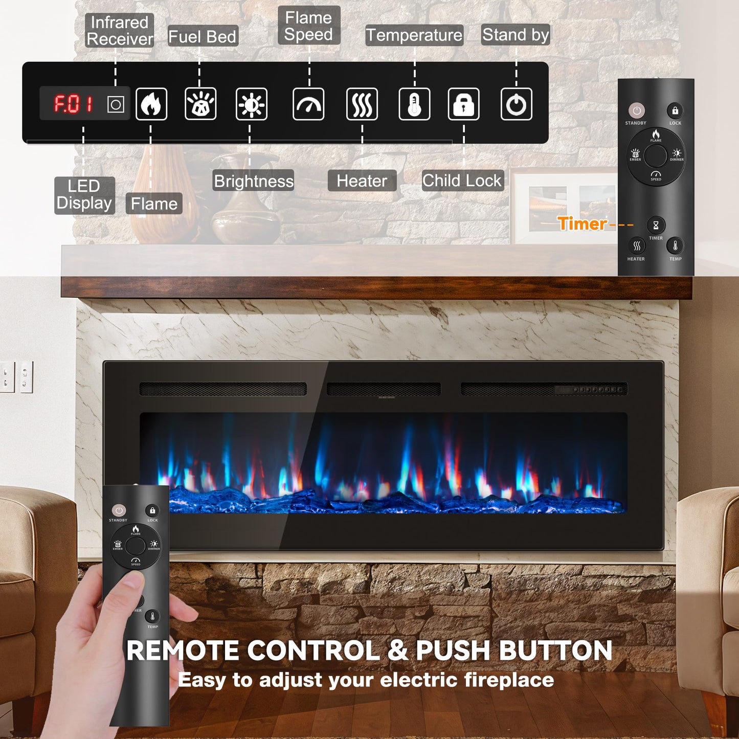 Manastin 50 inch Electric Fireplace in-Wall Recessed and Wall Mounted with Remote Control, 1500/750W Fireplace Heater (60-99ยฐF Thermostat) with 12 Adjustable Color, Timer, Log and Crystal